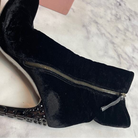 Miu Miu Black Velvet Crystal Embellished Ankle Boots Stiletto Heel Zip Booties - Picture 12 of 12